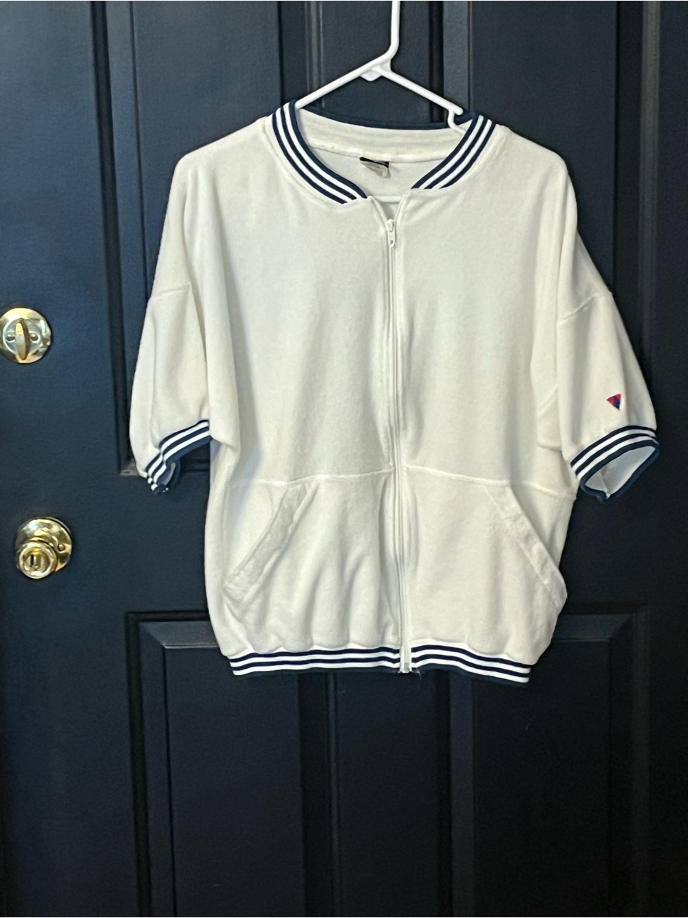 Vintage Jantzen White Short-Sleeve Zip-Up Sweatshirt with Navy Trim